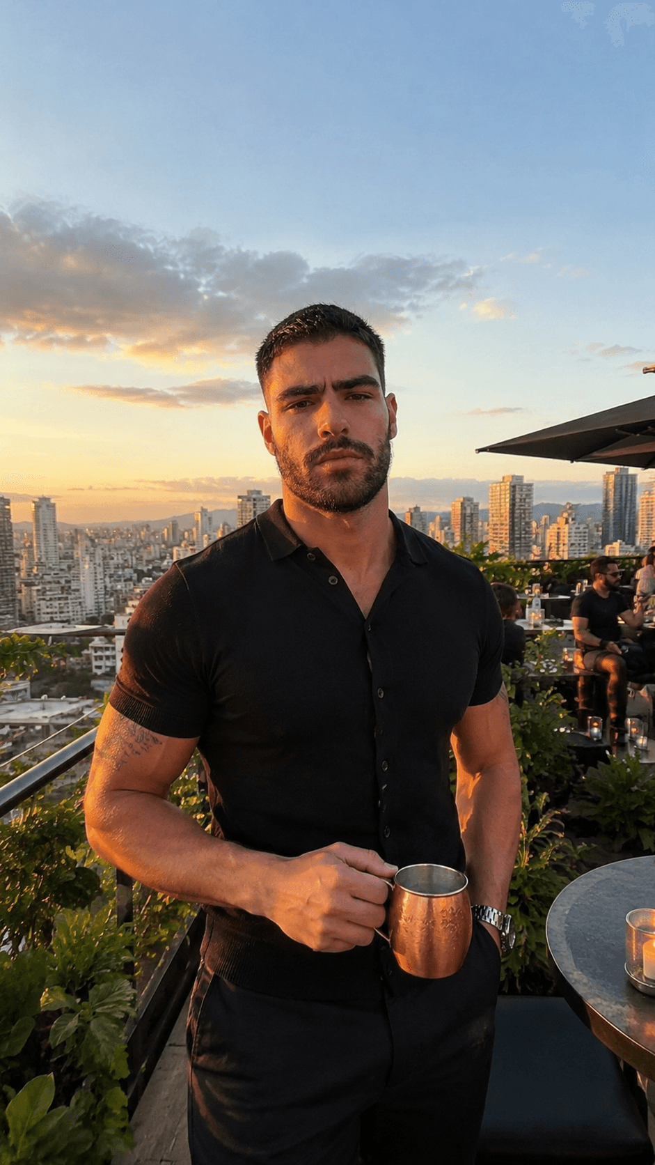 AI dating photo — rooftop bar at sunset