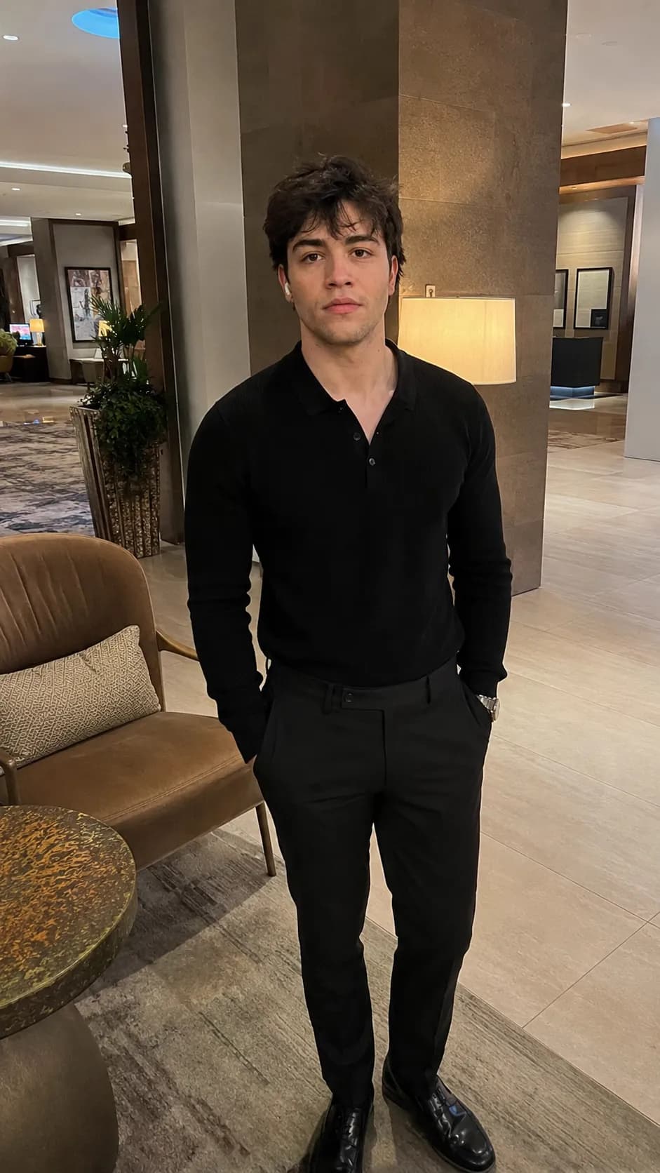 AI dating photo — hotel lobby on a night out
